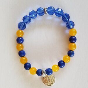 Hand Crafted Blue and Yellow Gemstone Scripture Charm Stretch Bracelet